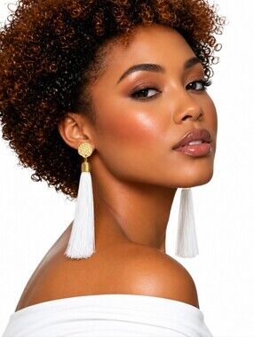 Crown & Clay "Cloud Nine" White Tassel Statement Earrings